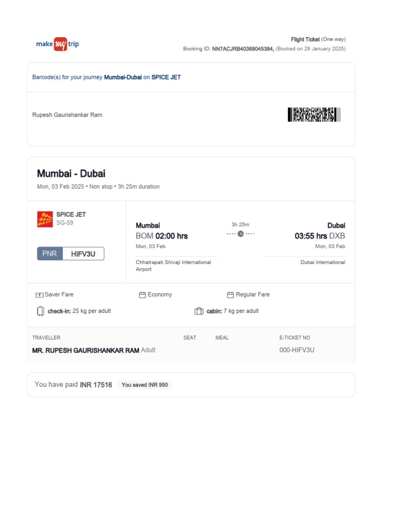 Mumbai to Dubai SpiceJet Flight Ticket | PDF | Travel Visa