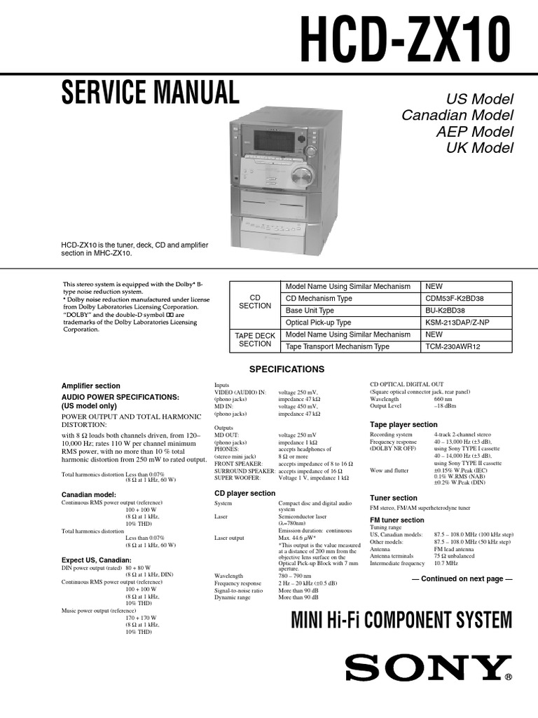 Sony HCD-ZX10 Service Manual | PDF | Compact Cassette | Frequency