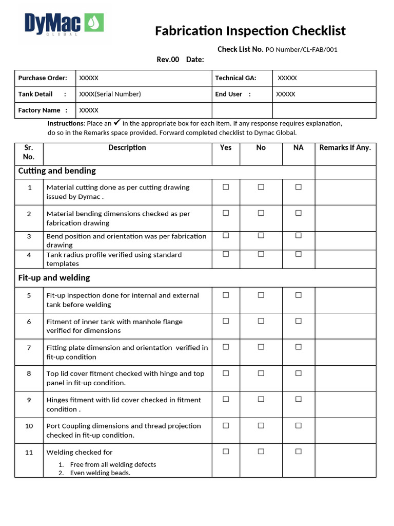 Fabrication Inspection Checklist | PDF | Welding | Construction