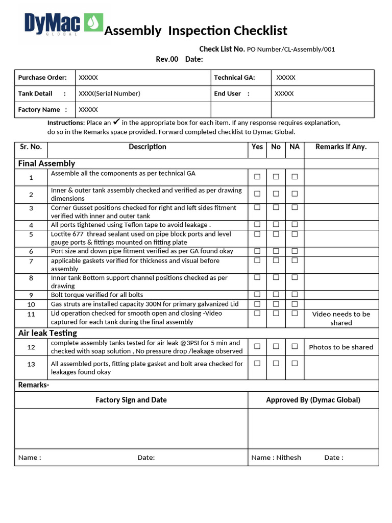 Assembly Inspection Checklist Guide | PDF | Pipe (Fluid Conveyance ...