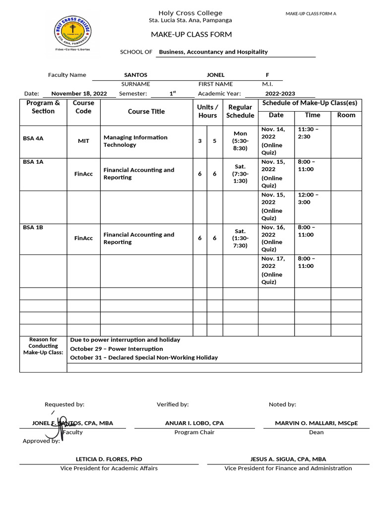 HCC Make Up Class Formv3.2 Faculty Santos, Jonel F. November 2022 | PDF ...