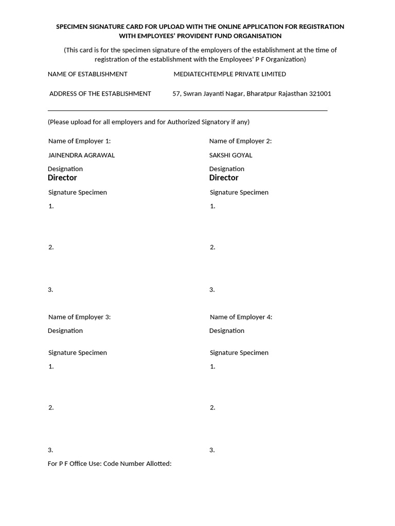 EPF Specimen Signature Card Template | PDF