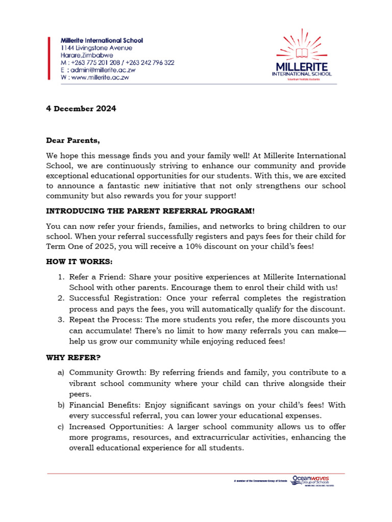 Millerite School Parent Referral Program | PDF