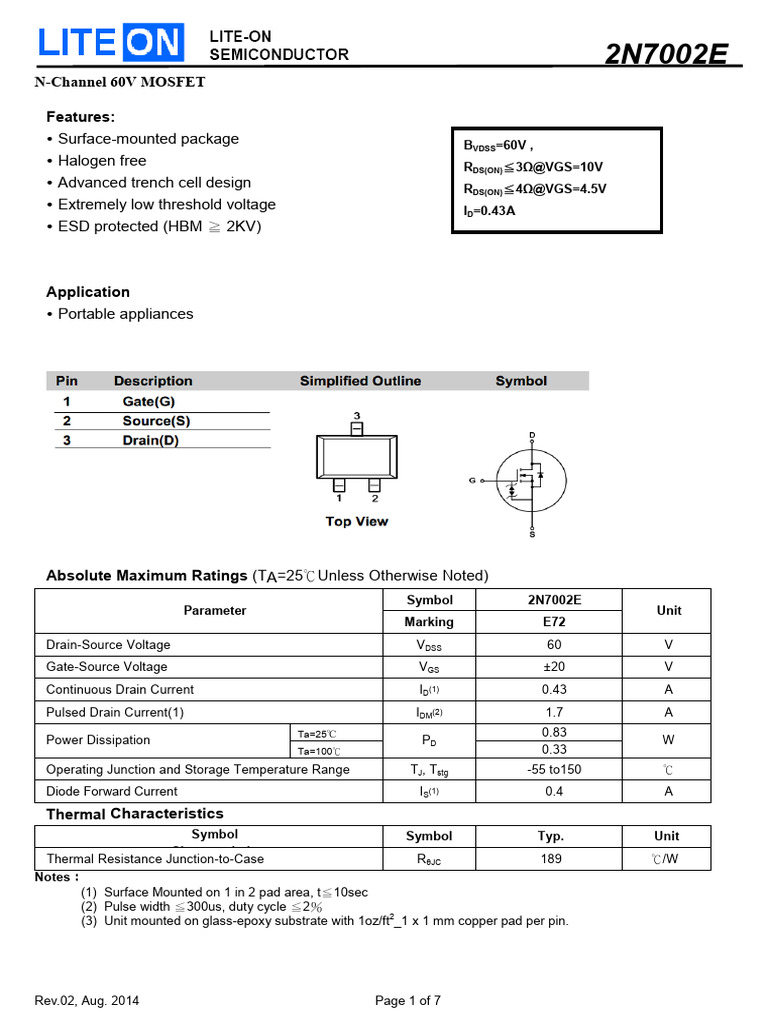 2N7002E MOSFET Specifications | PDF | Field Effect Transistor | Diode