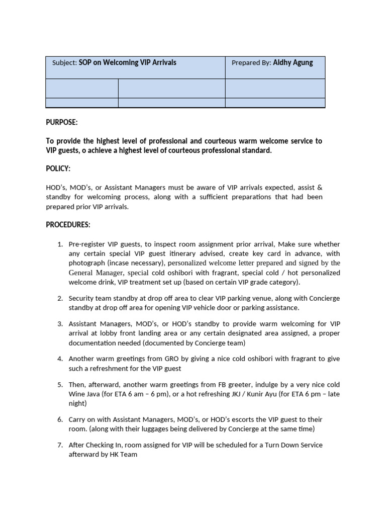SOP On Welcoming VIP Arrivals | PDF | Chess | Chess Theory
