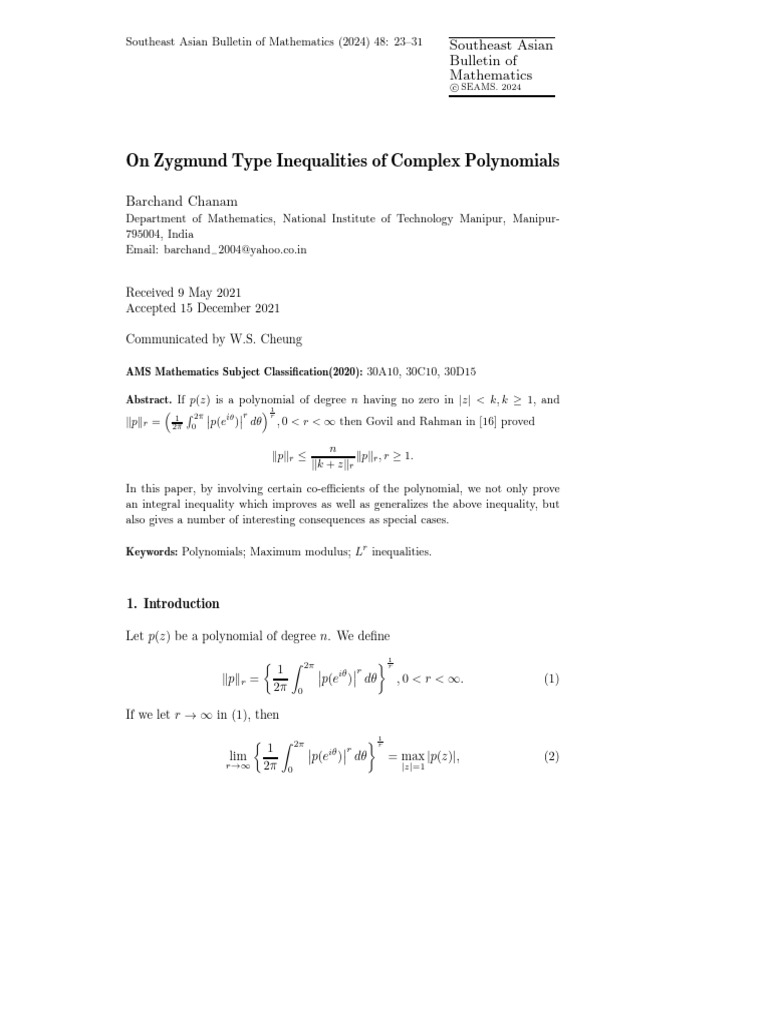 Zygmund Inequalities for Complex Polynomials | PDF | Abstract Algebra ...