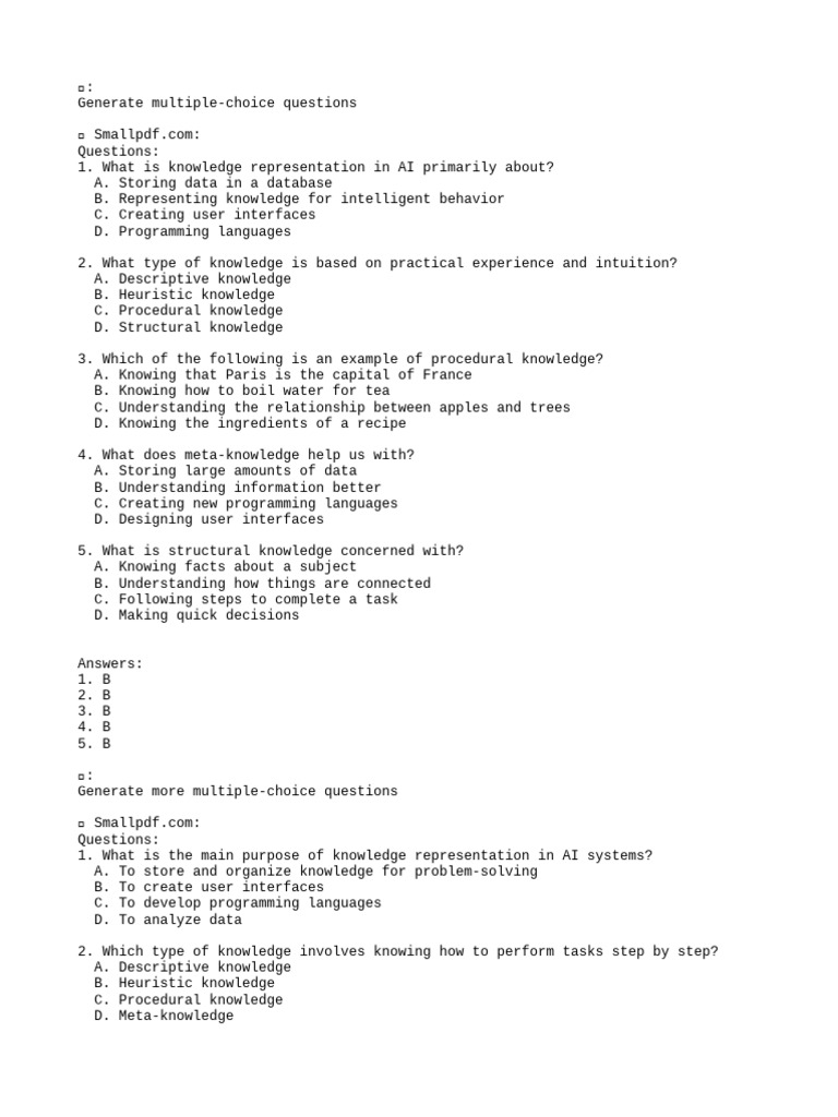 AI Knowledge Representation Questions | PDF | Knowledge | Procedural ...
