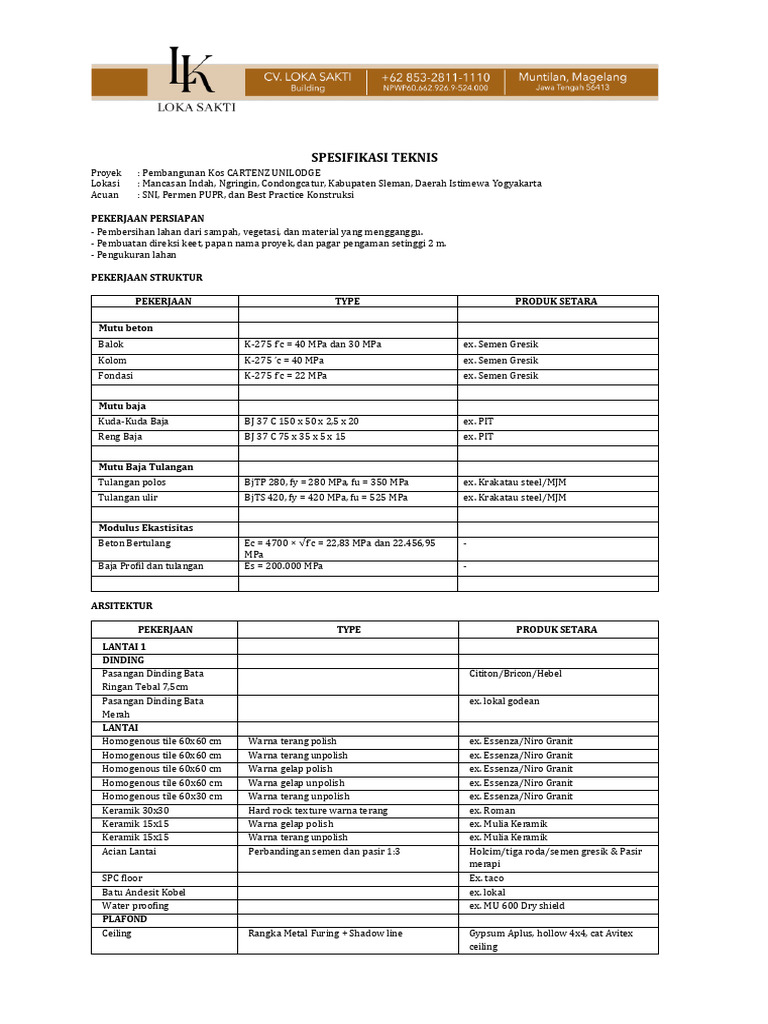 Spesifikasi Teknik Pembangunan Kos UNILODGE | PDF | Materials ...
