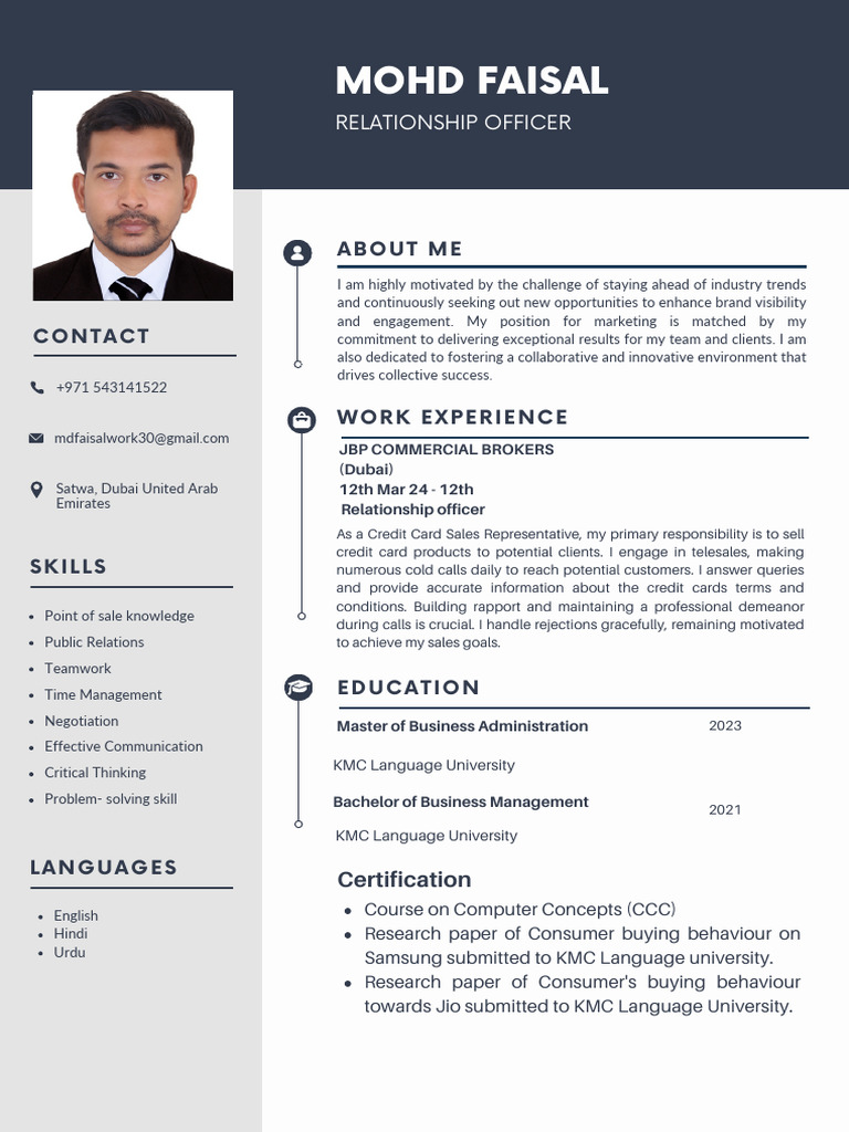 Relationship Officer Resume - Mohd Faisal | PDF | Communication | Business