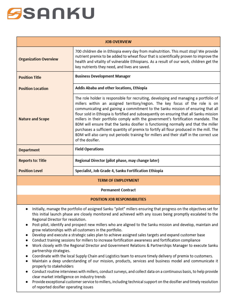 JD - Business Development Manager | PDF | Sales | Ethiopia