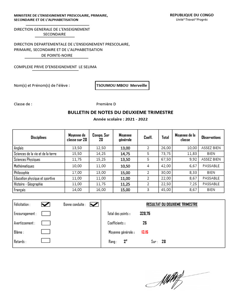 Bulletin de notes 2e trimestre 2021-2022 | PDF