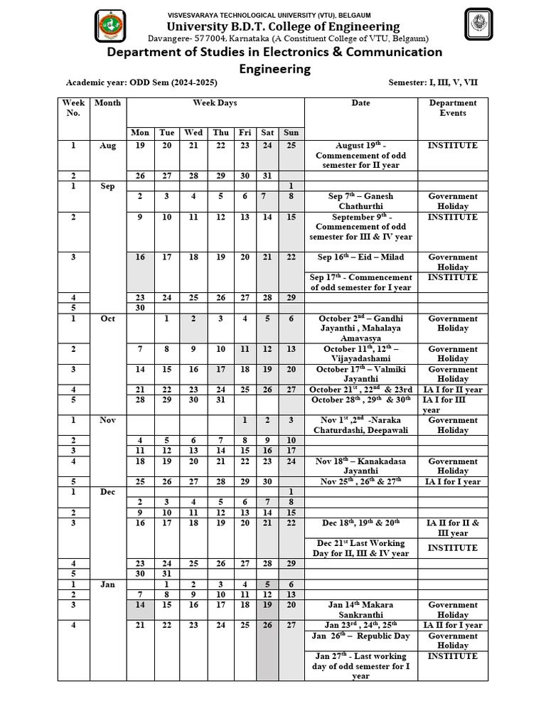 VTU Odd Semester Academic Calendar 2024 | PDF