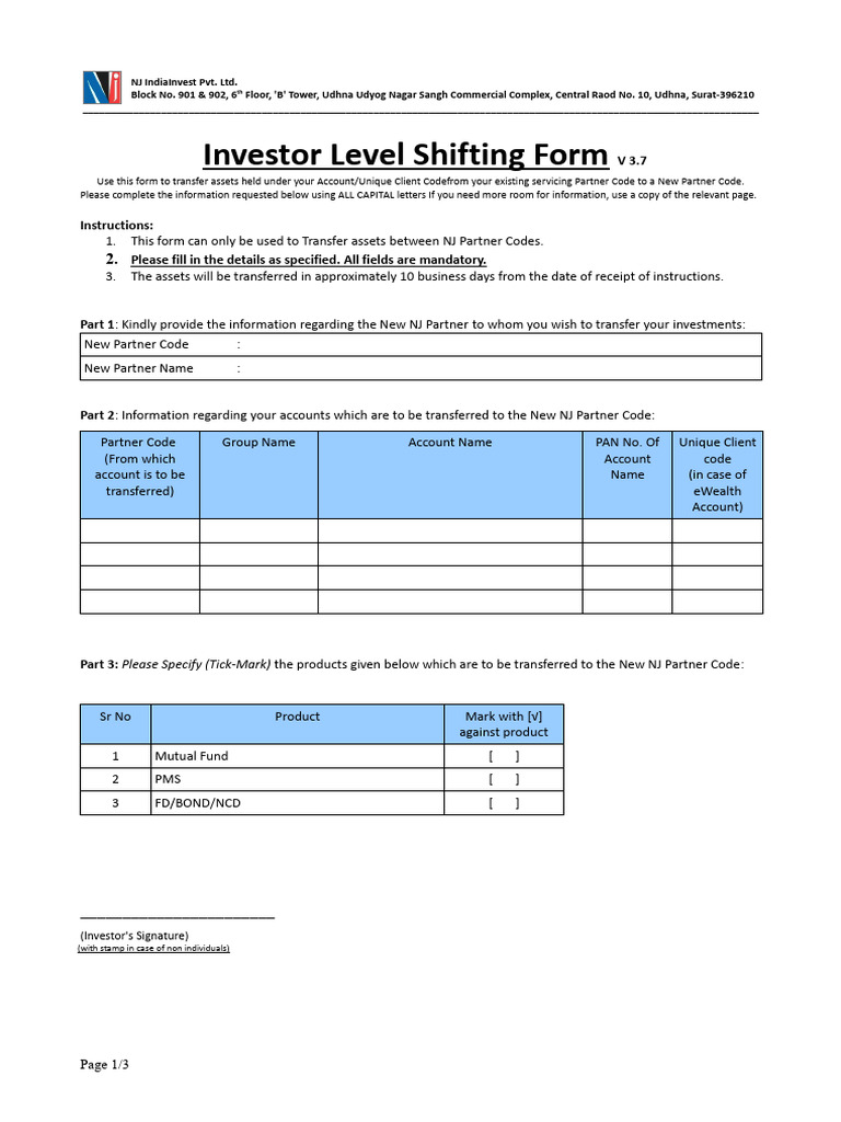 Investor Level Shifting Form | PDF | Financial Services | Investing