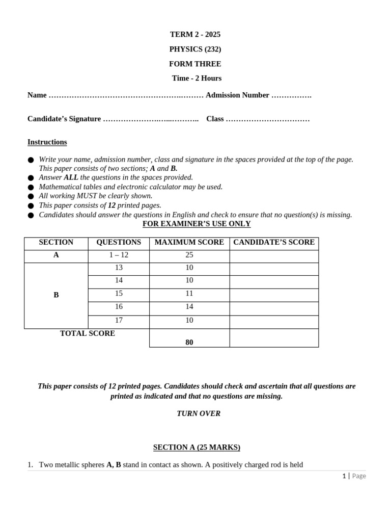 Form Three Physics Exam Paper 2025 | PDF | Physics | Physical Phenomena