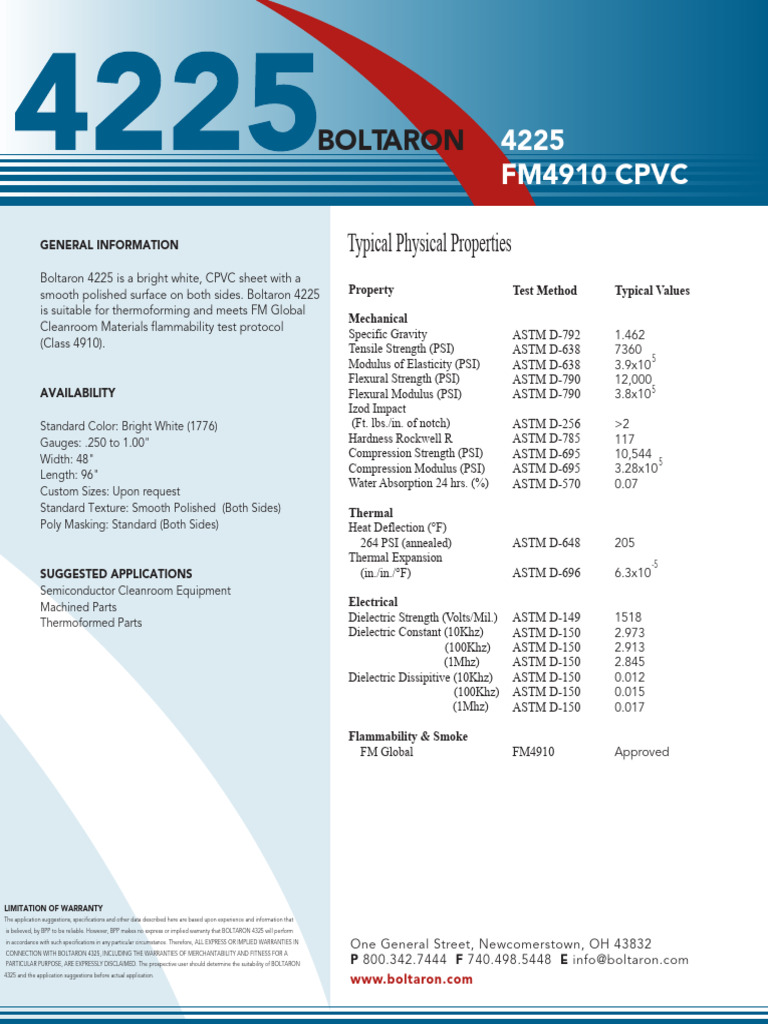 Boltaron 4225 CPVC Datasheet | PDF | Strength Of Materials | Young's ...