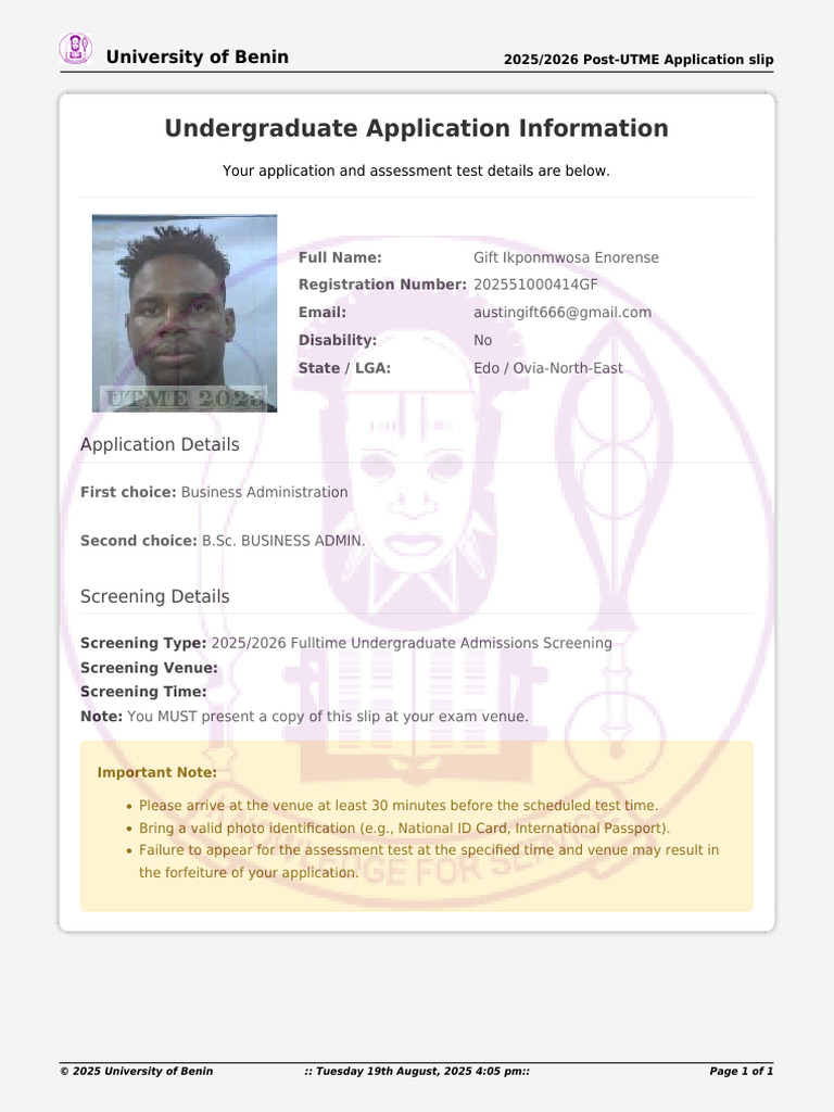 Uniben Post-UTME Application Slip 2025/26 | PDF