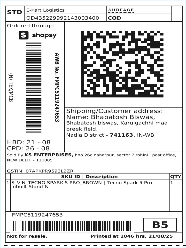 E-Kart Logistics COD Order Details | PDF