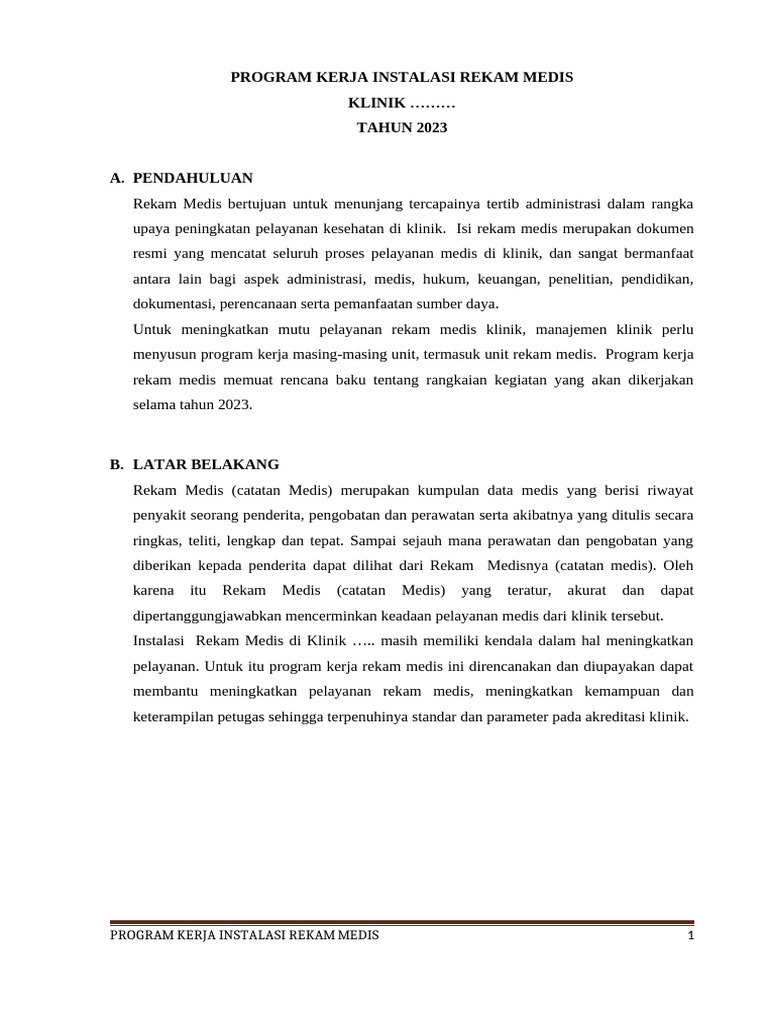 Program Kerja Rekam Medis Klinik 2023 | PDF