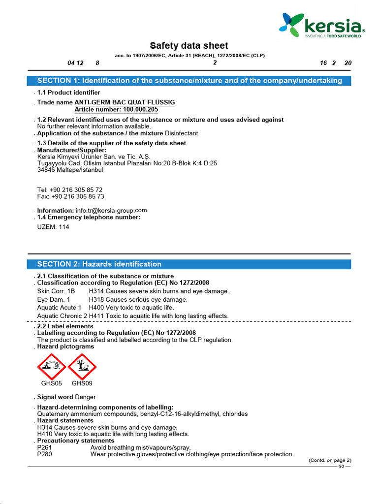 Bac Quad SDS | PDF | Occupational Safety And Health | Chemical Substances