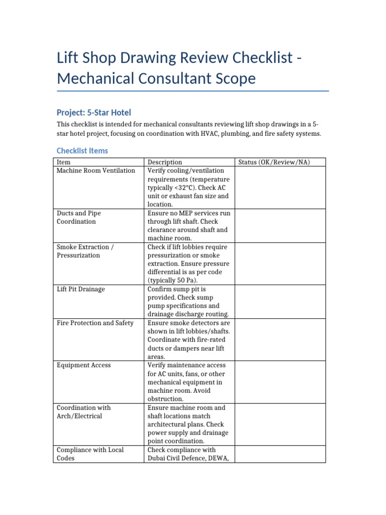 Lift Shop Drawing Mechanical Review Checklist 5 Star Hotel | PDF