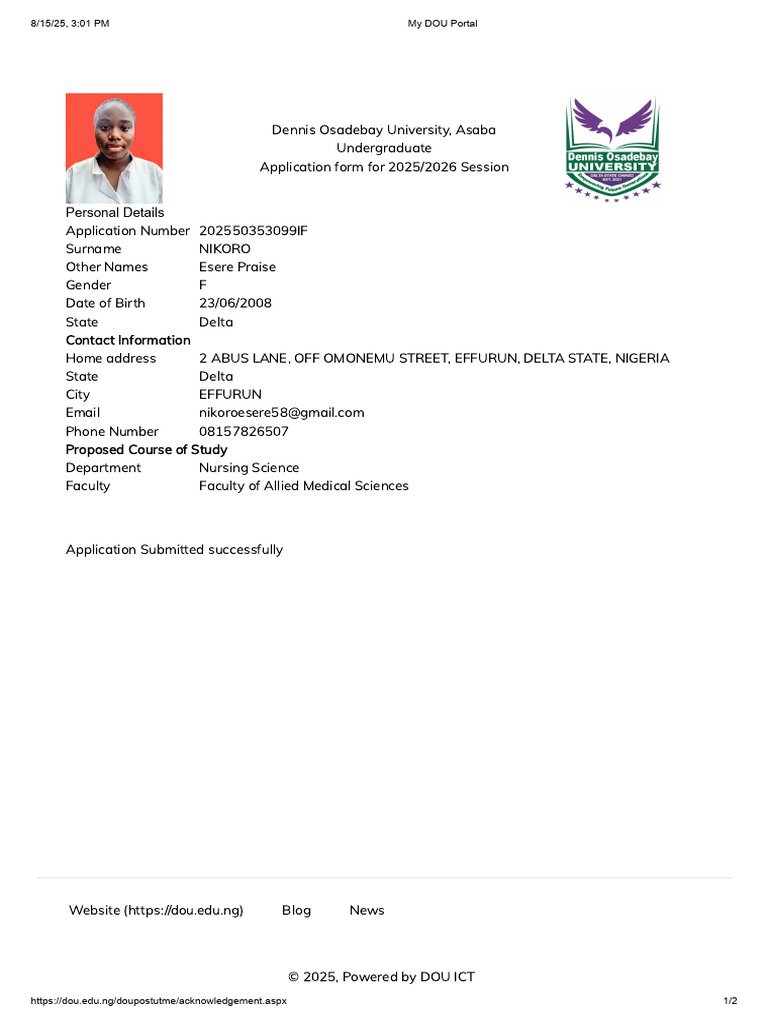 DOU Admission Application Confirmation | PDF