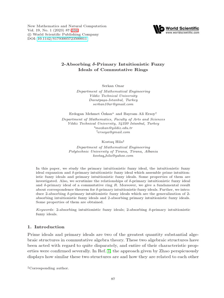 Onar Et Al 2022 2 Absorbing δ Primary Intuitionistic Fuzzy Ideals of ...