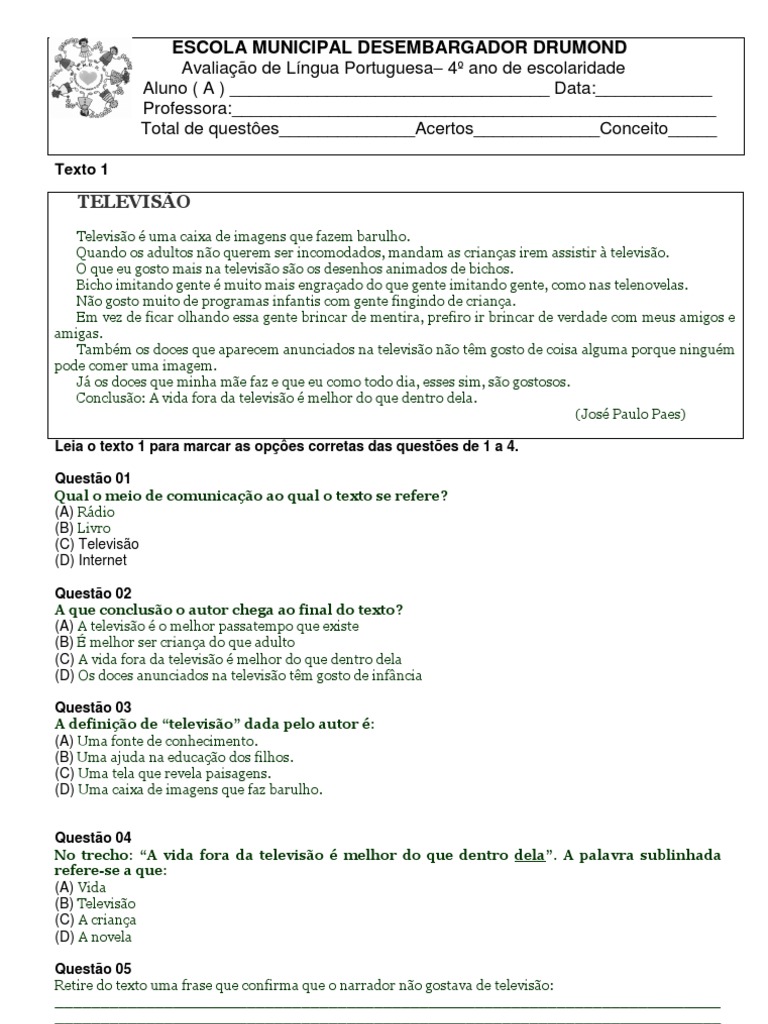 Avaliação de portugues 4 ano 1 bimestre
