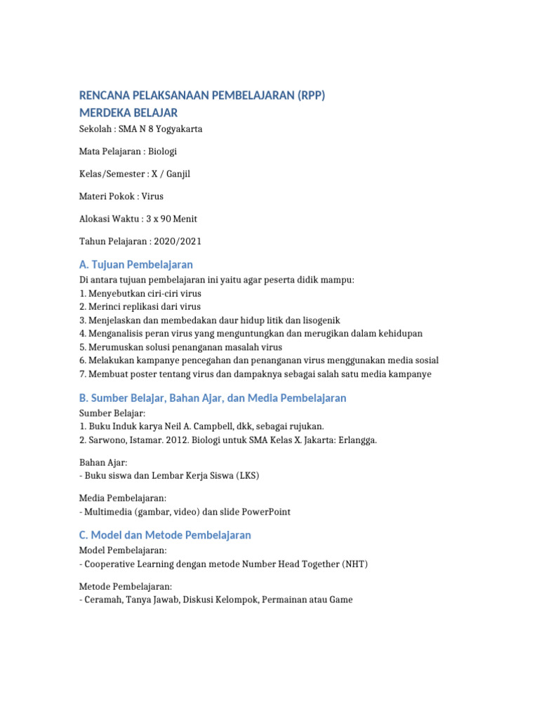 RPP Merdeka Biologi Virus | PDF