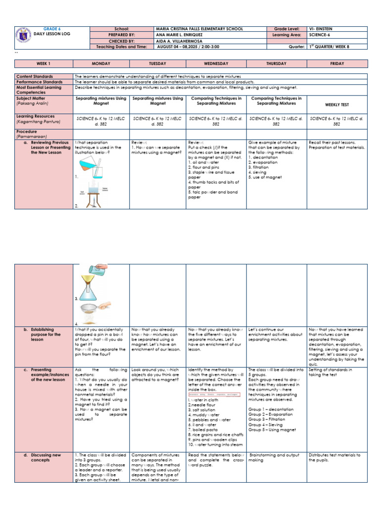 Grade 6 Science Lesson on Mixture Separation | PDF | Filtration | Chemistry