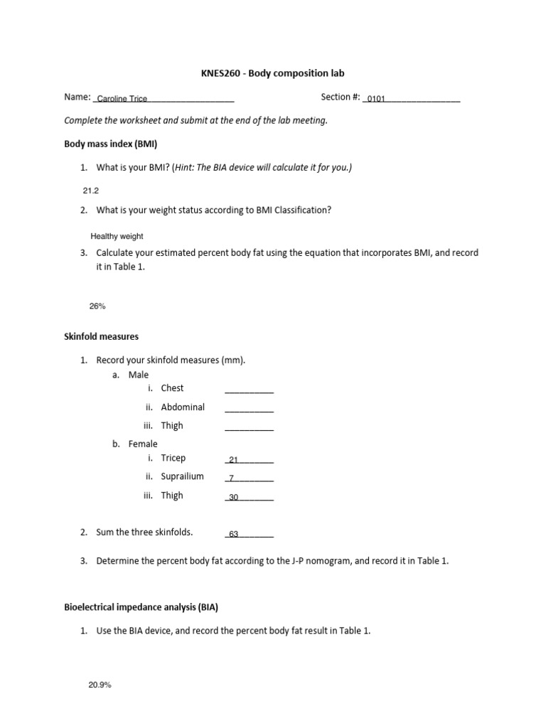 Body Comp Lab Worksheet | PDF | Weight | Human Size