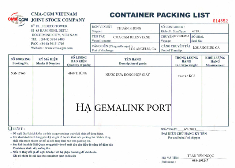 Container Packing List - Cma | PDF