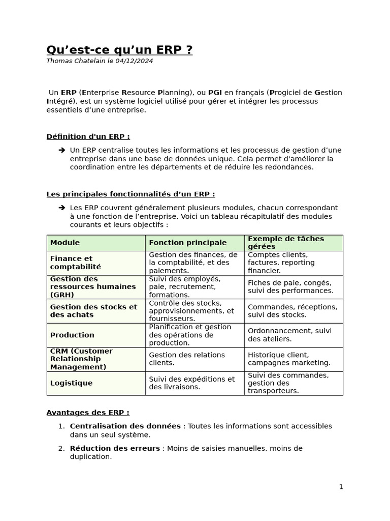 Comprendre l'ERP : Définition et Avantages | PDF | Progiciel de gestion ...