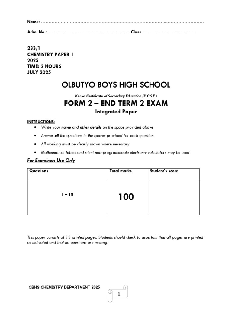Form 2 Chemistry Exam Paper 2025 | PDF | Chemical Compounds | Chemical ...