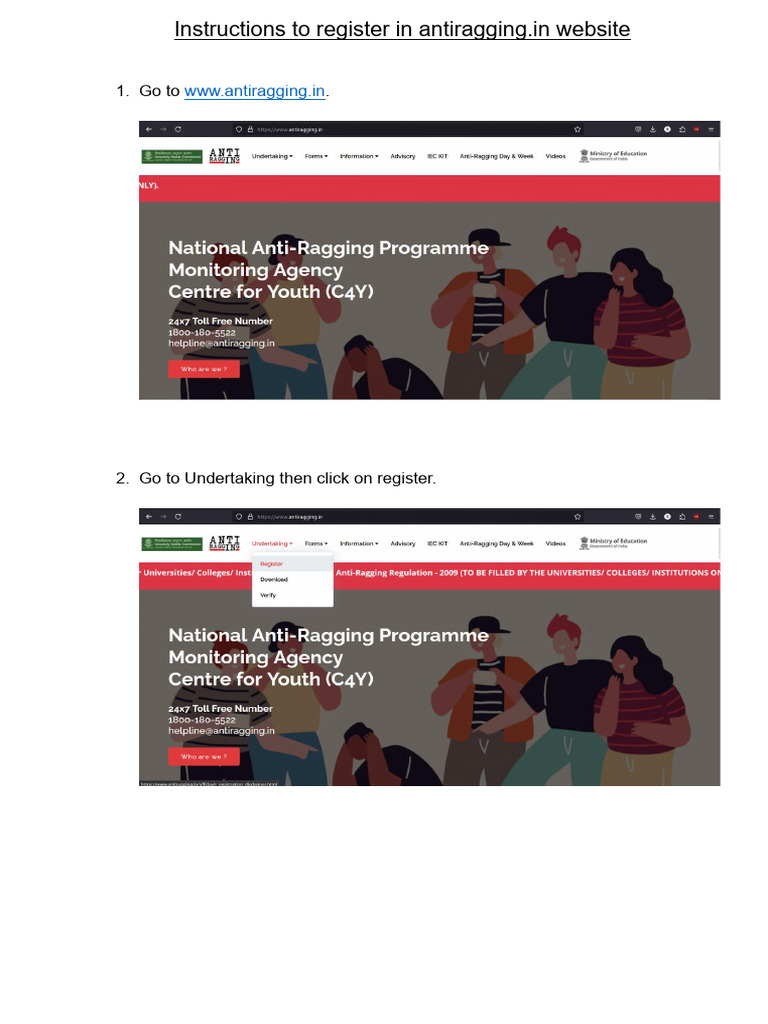 Instructions To Register in Antiragging | PDF