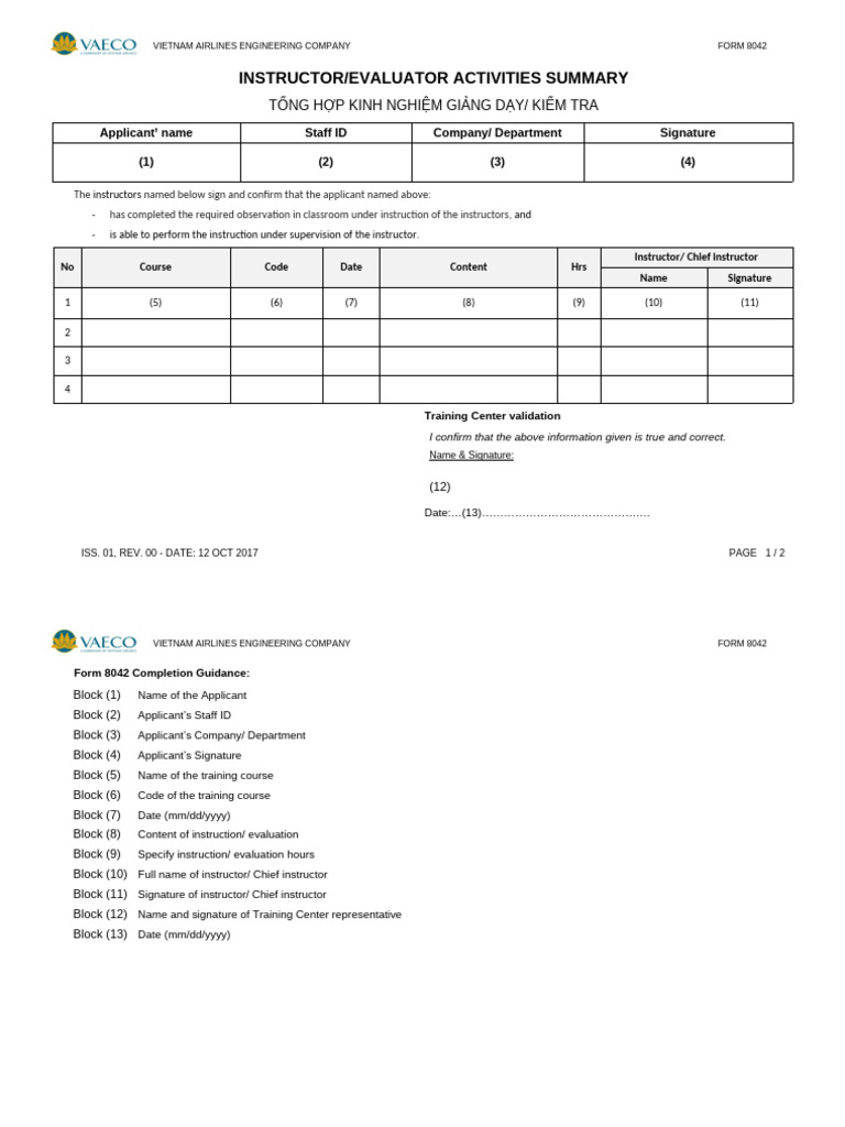 Form 8042 Instructor Activities Summary | PDF