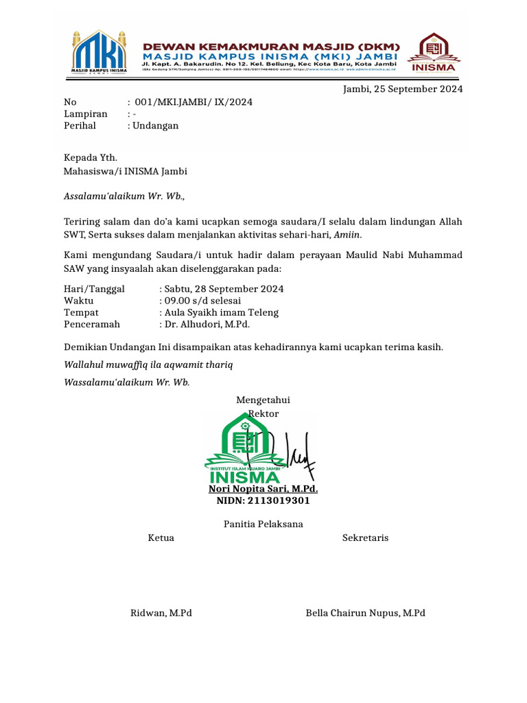 Undangan Maulid Nabi untuk Mahasiswa INISMA | PDF