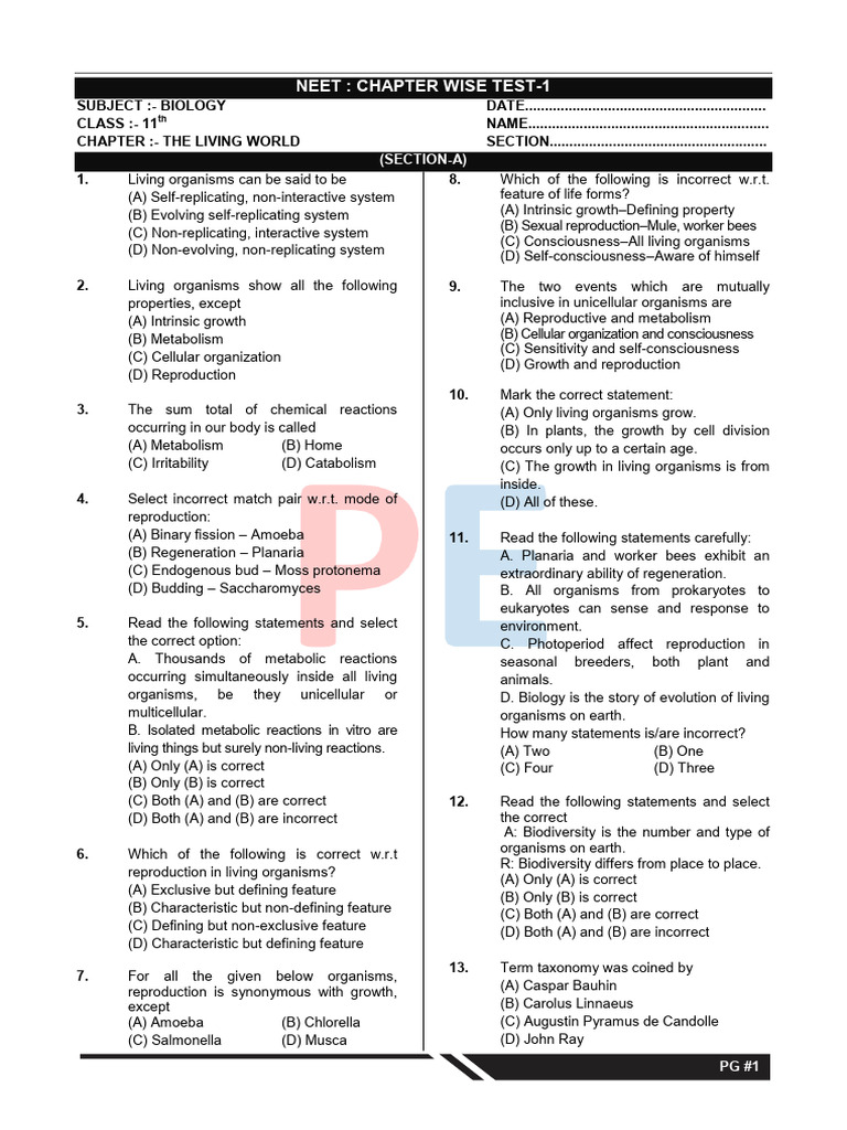 NEET Biology Chapter Test 1 | PDF | Taxon | Taxonomy (Biology)