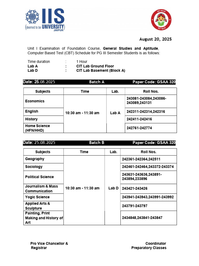 PG III Semester CBT Exam Schedule | PDF | Science | Liberal Arts Education