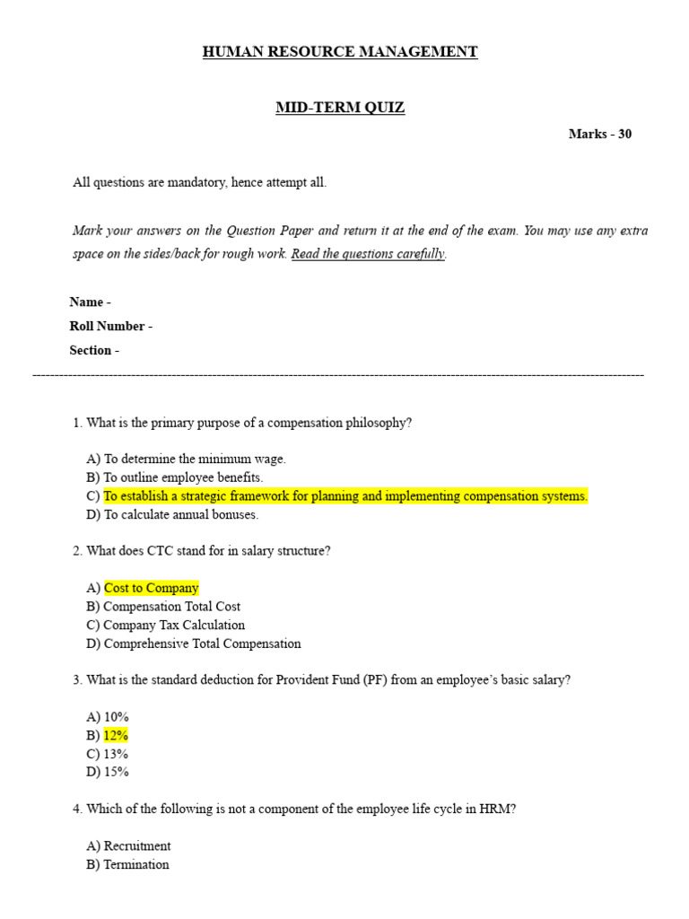 HRM Mid-Term Quiz Questions & Answers | PDF | Performance Appraisal | Human Resource Management