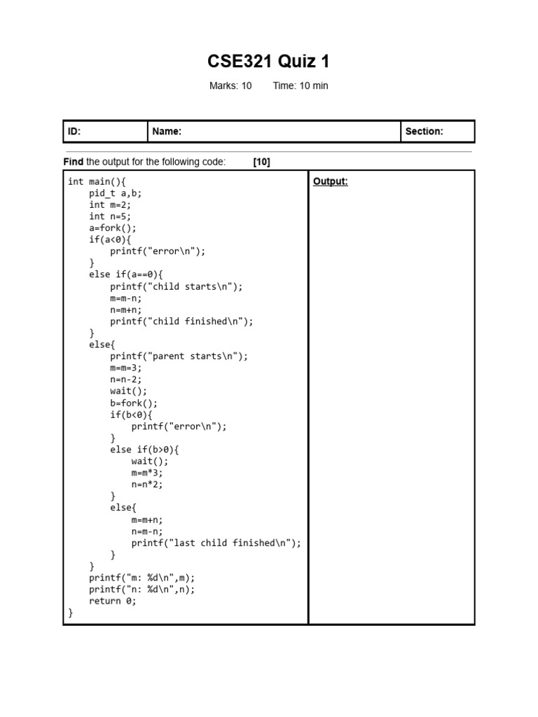 CSE321 Quiz 1: Code Output Analysis | PDF