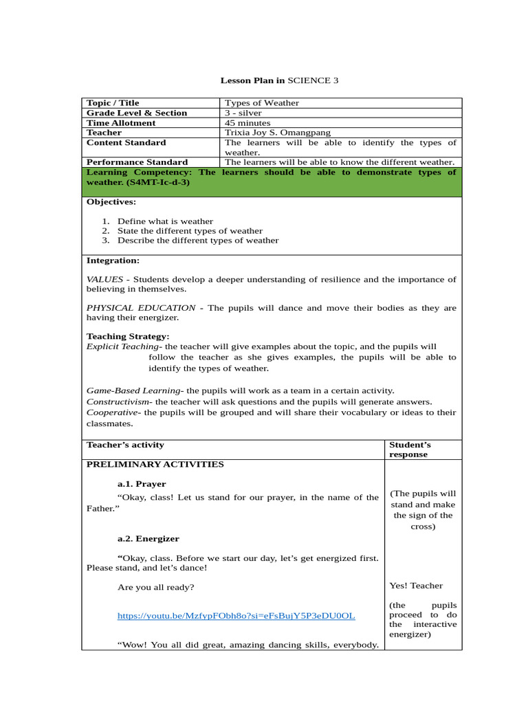 Types of Weather Lesson Plan for Grade 3 | PDF | Rain | Cloud