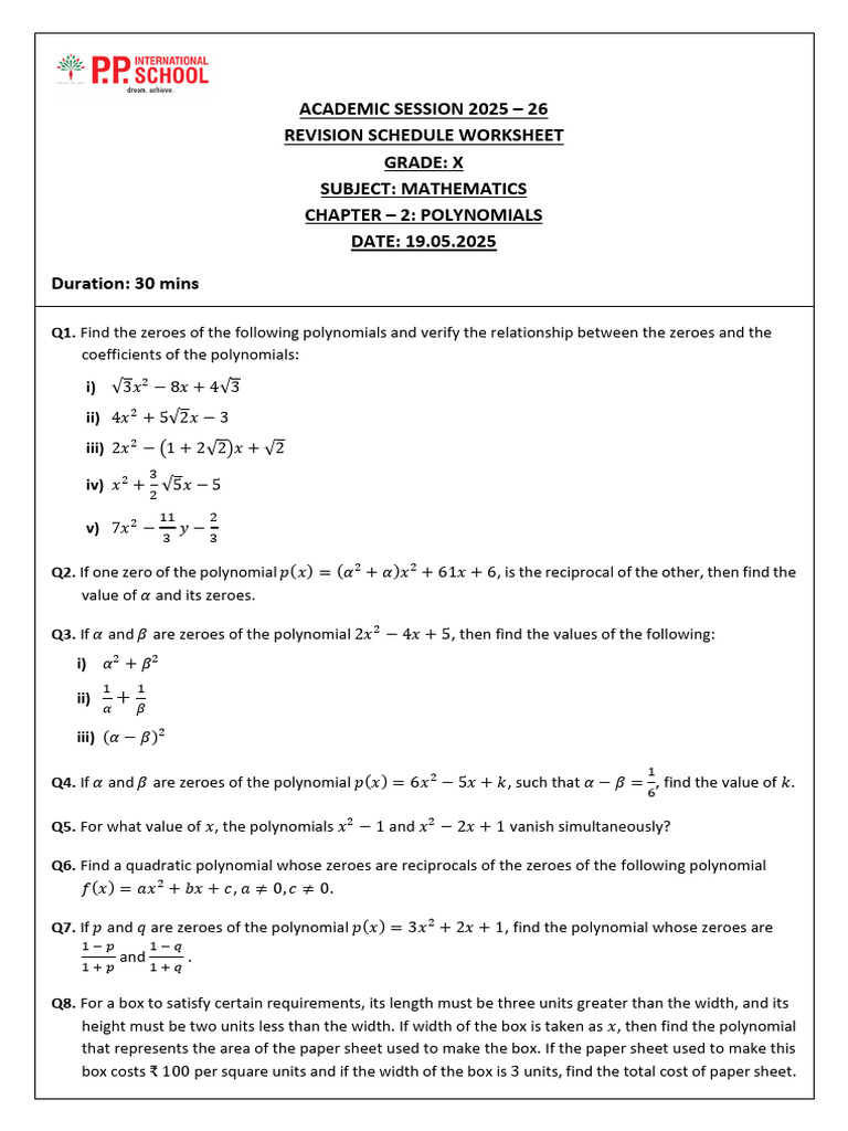 Grade X Mathematics Polynomials Revision | PDF | Zero Of A Function | Area