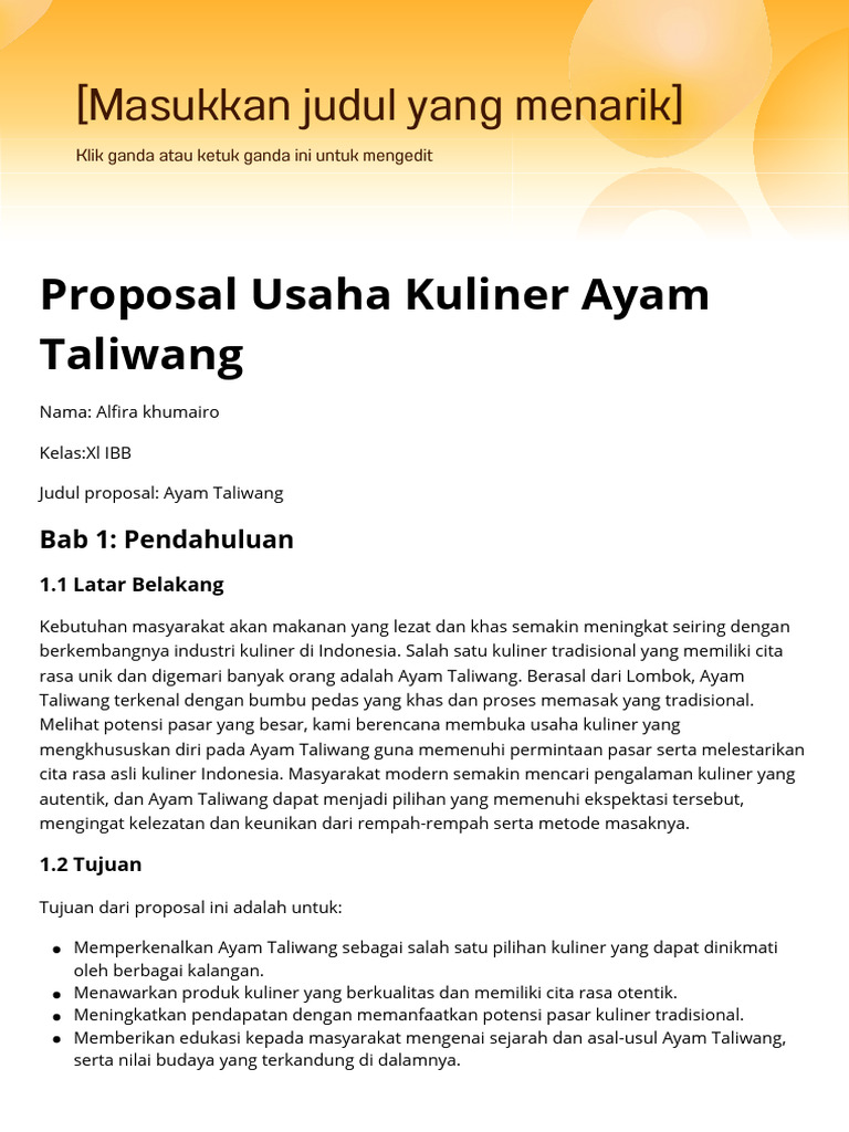 Proposal Usaha Kuliner Ayam Taliwang - 20250821 - 162718 - 0000 | PDF