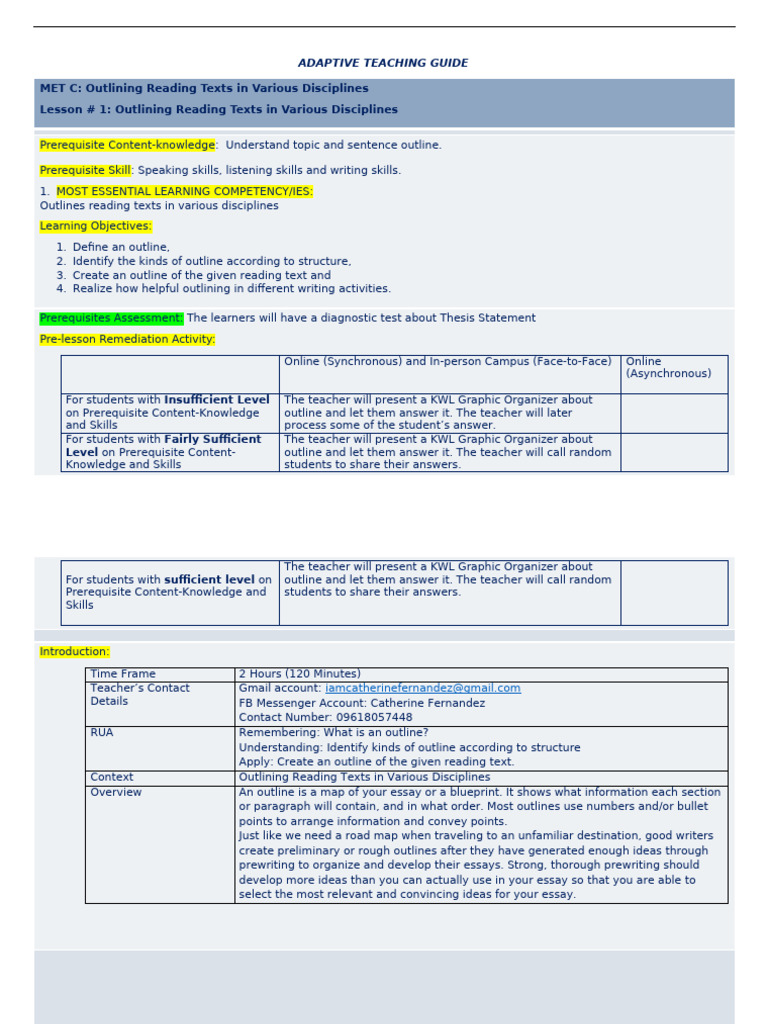 Outlining Reading Texts Guide | PDF | Suffering | Teachers