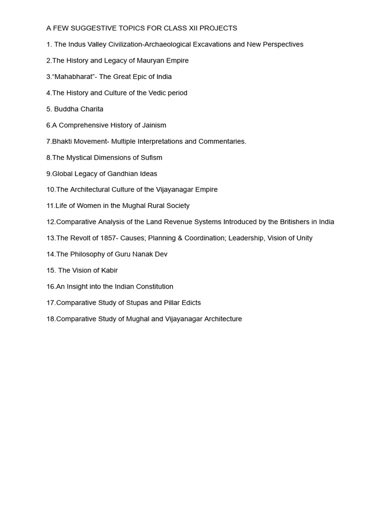 Class 12 History Project Topics List | PDF