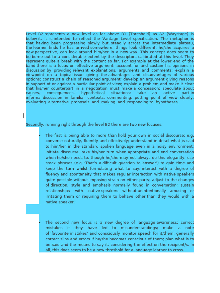 B2 CEFR Language Proficiency Overview | PDF | Reading Comprehension ...
