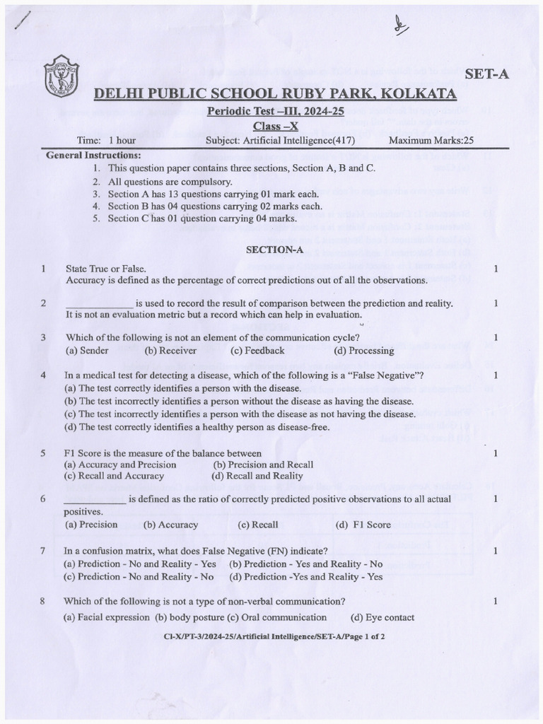 CL 10 Periodic Test 3 AI 2024-25 | PDF