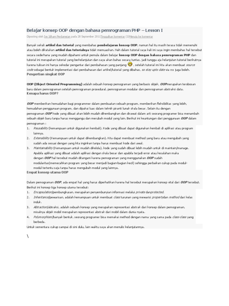 Belajar Konsep OOP Dengan Bahasa Pemrograman PHP | PDF