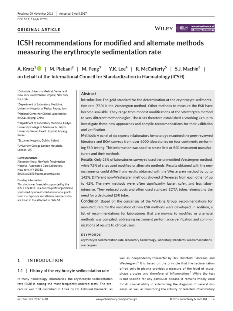 ESR Measurement Methods Recommendations | PDF | Medical Specialties