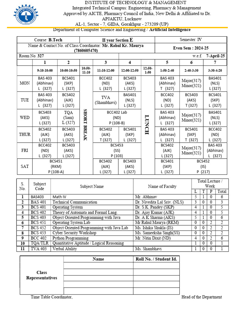 B.Tech Computer Science II Year Time Table | PDF